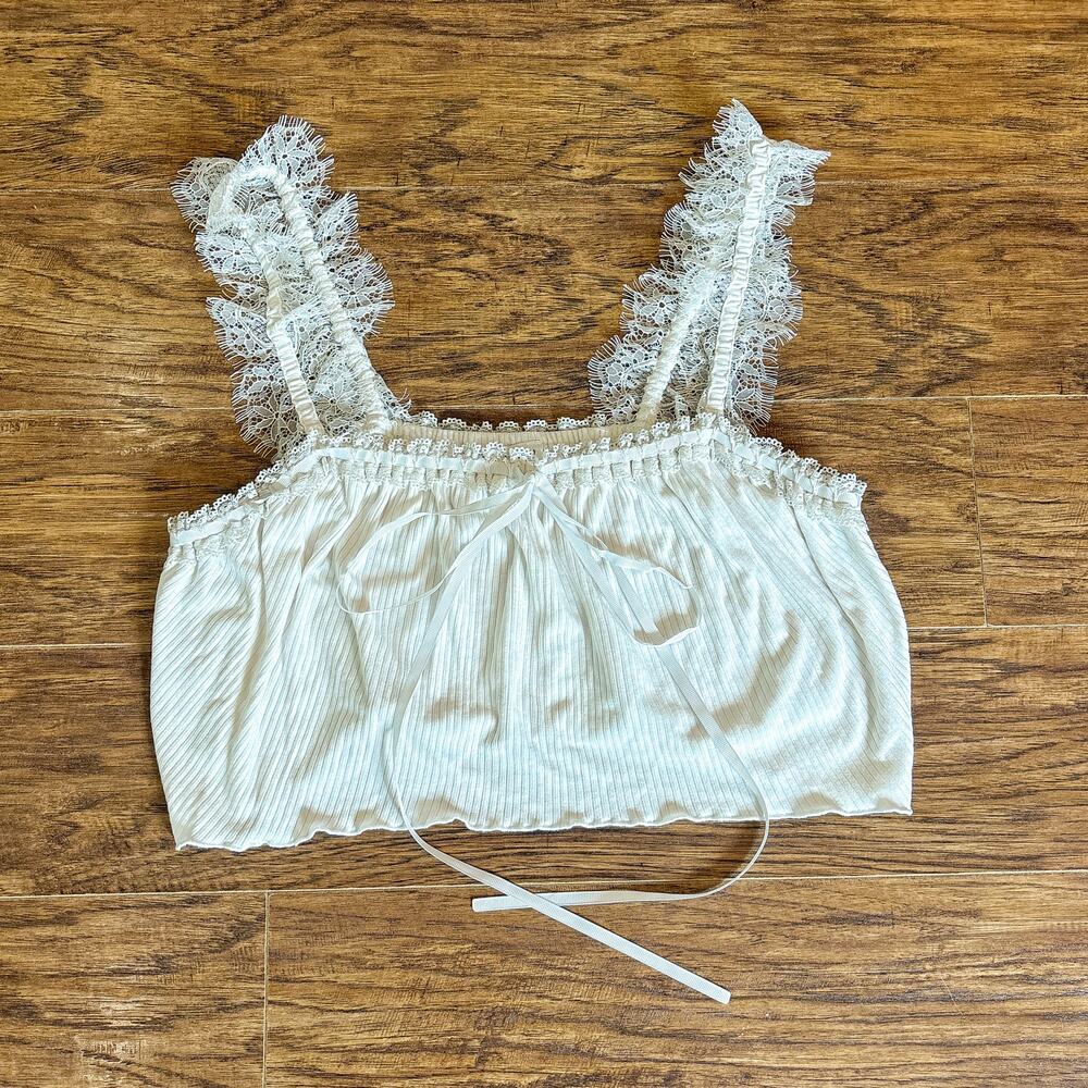 For Love & Lemons White Lace Ruffle Strap Ribbed Crop Top XXS